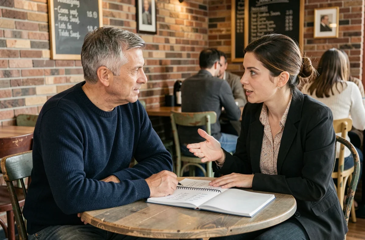 Homme francophone en séance de tutorat d'espagnol avec une professeure dans un café, travaillant sur le subjonctif présent