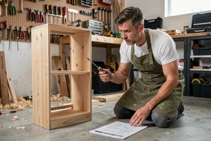 Débutant en bricolage à genoux devant une étagère en bois mal assemblée, consultant les instructions dans un atelier encombré
