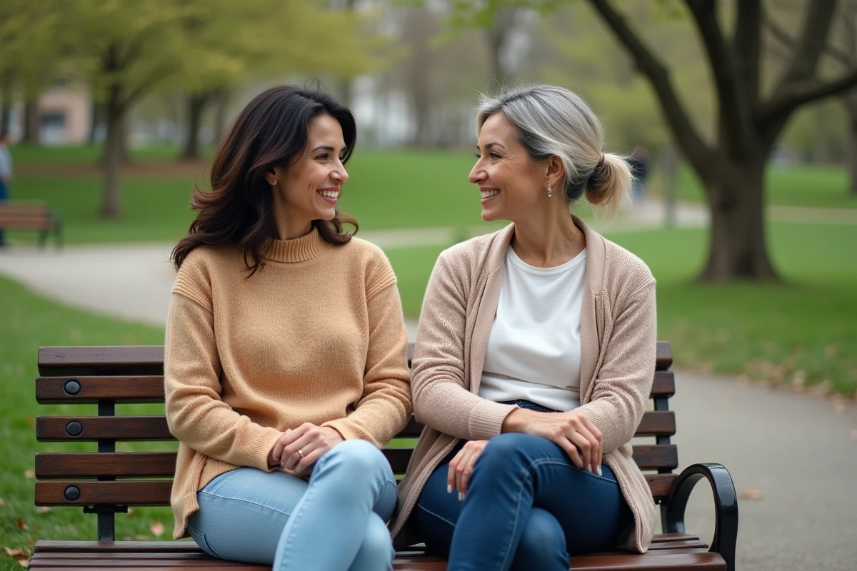 Deux femmes discutant assises sur un banc dans un parc