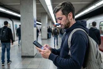 Développeur consultant son assistant IA de révision de code sur smartphone dans une station de métro bondée
