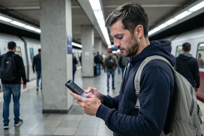 Développeur consultant son assistant IA de révision de code sur smartphone dans une station de métro bondée