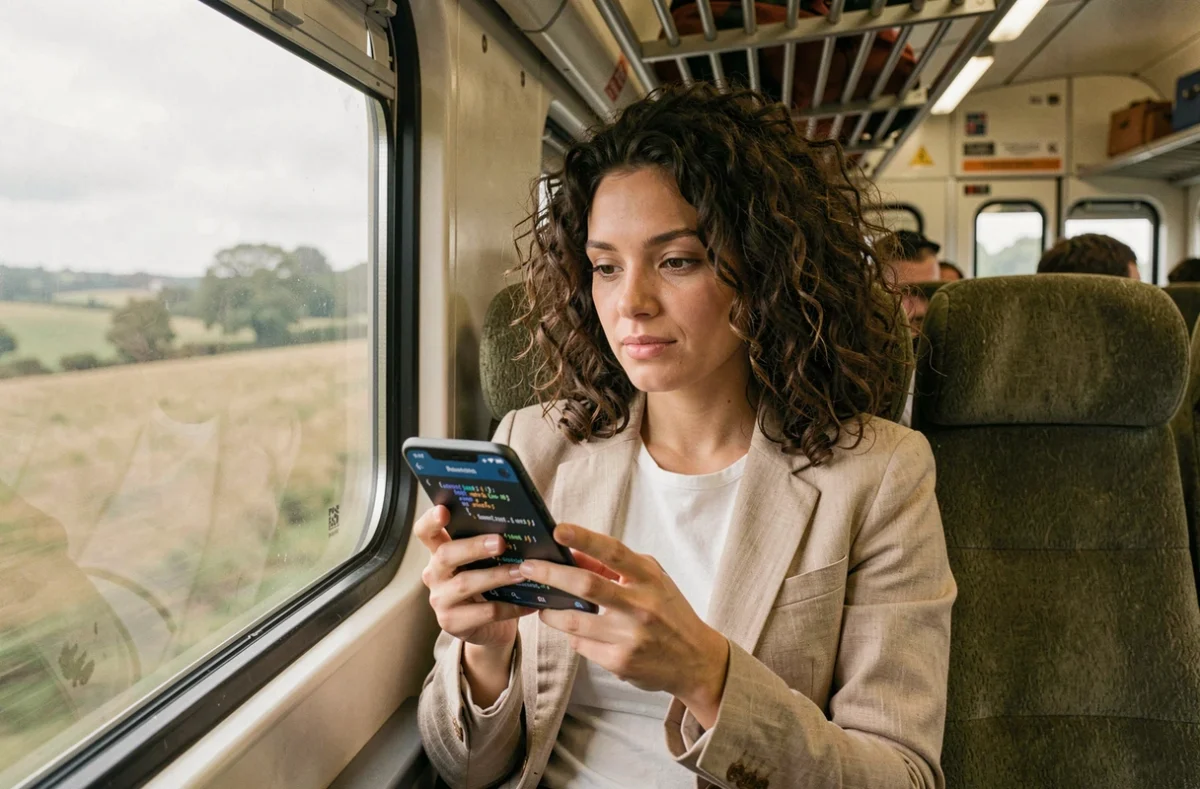 Développeuse révisant du code avec un assistant IA sur mobile dans un train en mouvement