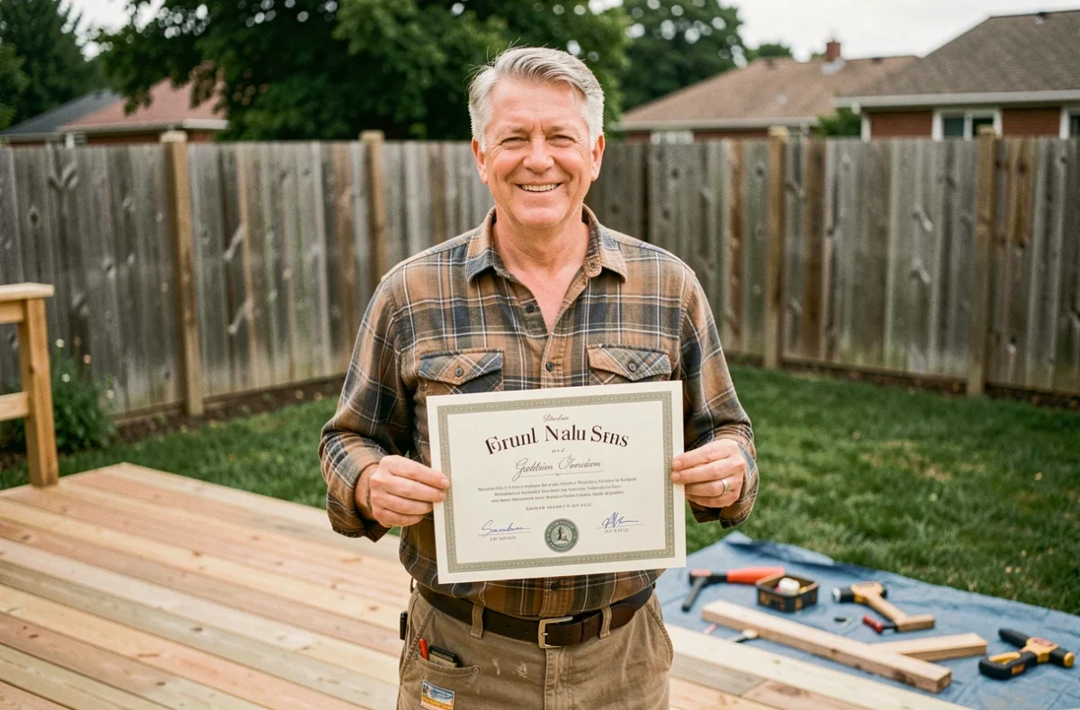 Homme tenant fièrement son diplôme de certification bricolage devant une terrasse en bois qu'il vient de construire lui-même