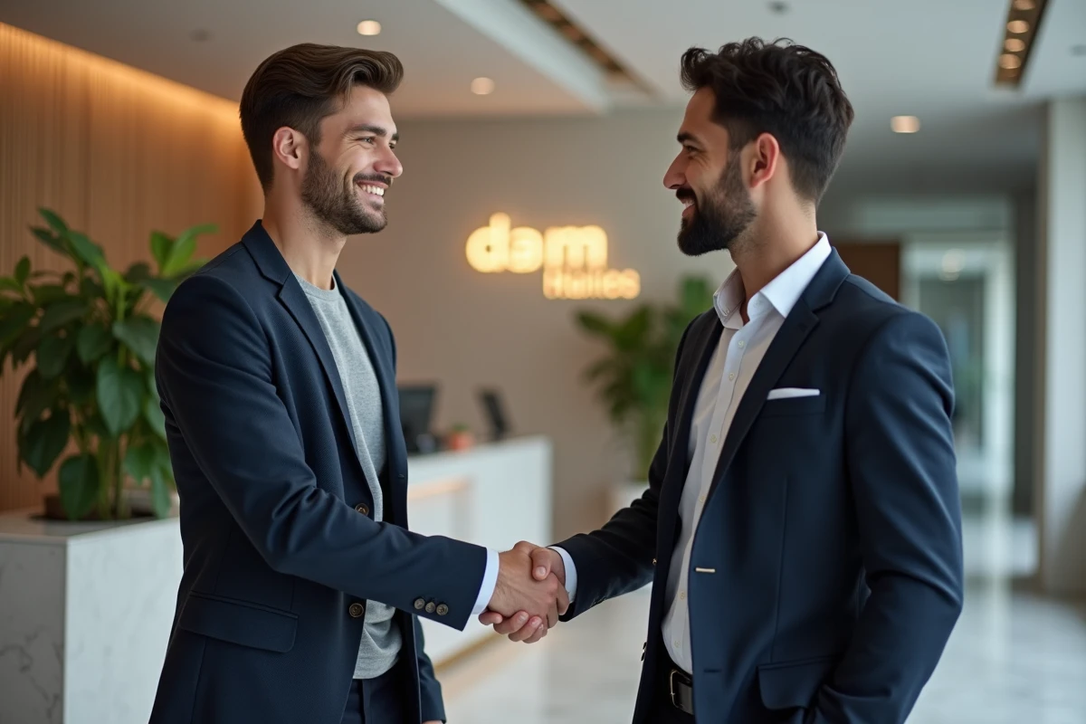 Jeune diplômé en design serrant la main d'un recruteur dans le hall d'une entreprise internationale, symbolisant l'insertion professionnelle
