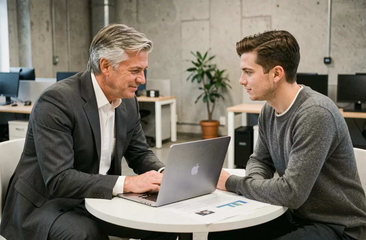 DRH de transition en entretien individuel avec un collaborateur dans un espace de travail moderne