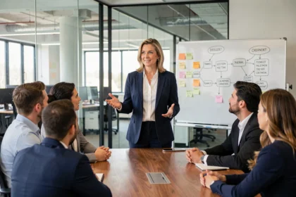 DRH de transition en réunion avec son équipe lors d'une transformation organisationnelle en entreprise