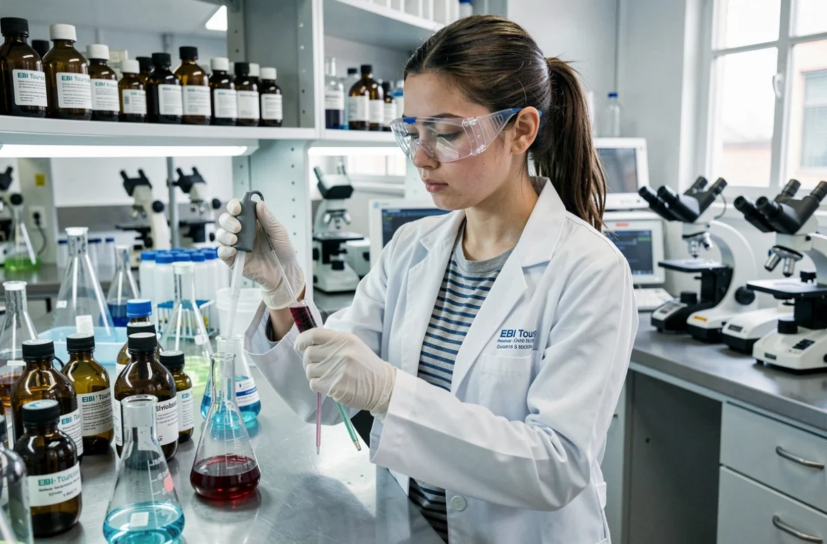 Étudiante en biologie industrielle pipetant des échantillons dans un laboratoire de l'EBI à Tours