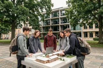 Étudiants en ingénierie regroupés autour d'une maquette sur un campus universitaire en Centre-Val de Loire
