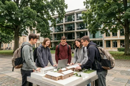 Étudiants en ingénierie regroupés autour d'une maquette sur un campus universitaire en Centre-Val de Loire