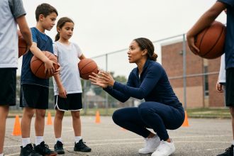 Éducatrice sportive expliquant un exercice à des enfants sur un terrain de basket extérieur