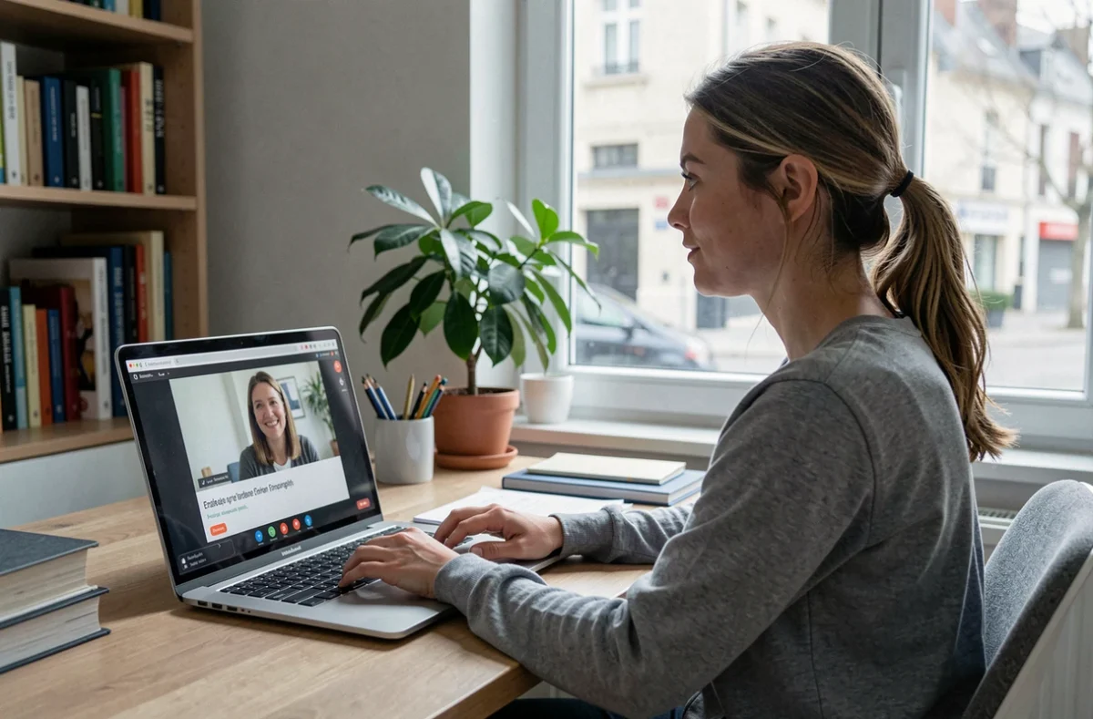 Femme adulte suivant un cours d'anglais en ligne avec EF English Live depuis son domicile dans le Nord