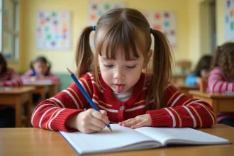 Élève de CE1 écrivant dans son cahier de production d'écrit en classe, concentrée sur sa tâche scolaire
