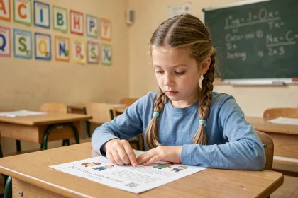 Jeune élève de CE2 lisant une fiche de lecture imprimée à son bureau en classe
