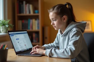Élève de collège utilisant l'ENT sur un ordinateur portable pour consulter son cahier de texte numérique
