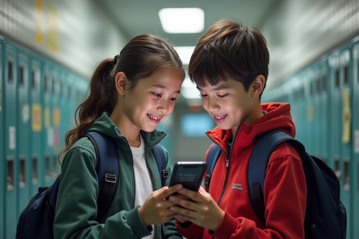 Deux élèves de collège consultant les messages et devoirs sur l'ENT depuis un smartphone dans le couloir