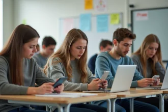 Groupe d'élèves de lycée en classe moderne avec ordinateurs