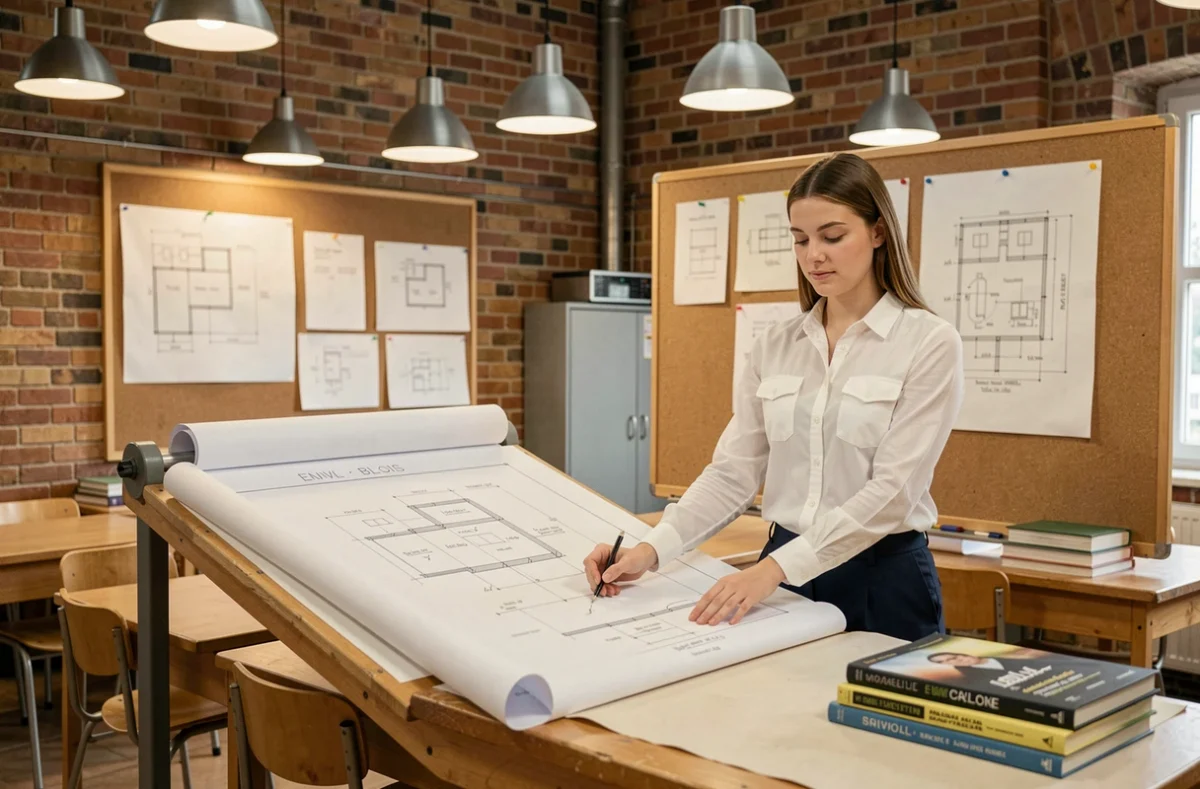 Étudiante présentant un projet technique sur table à dessin à l'ENIVL de Blois