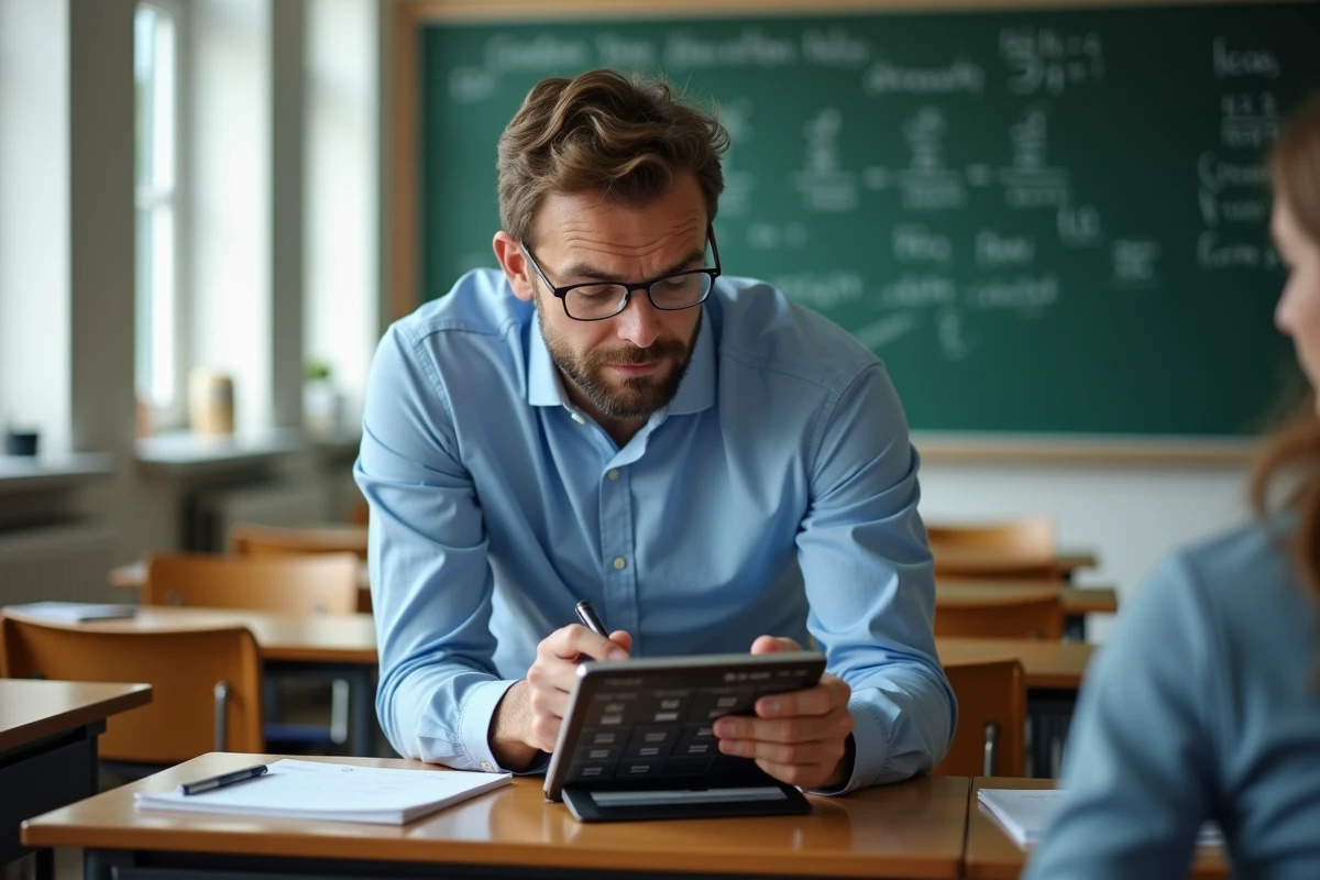 Enseignant utilisant un calculateur de moyenne en ligne sur tablette dans une salle de classe