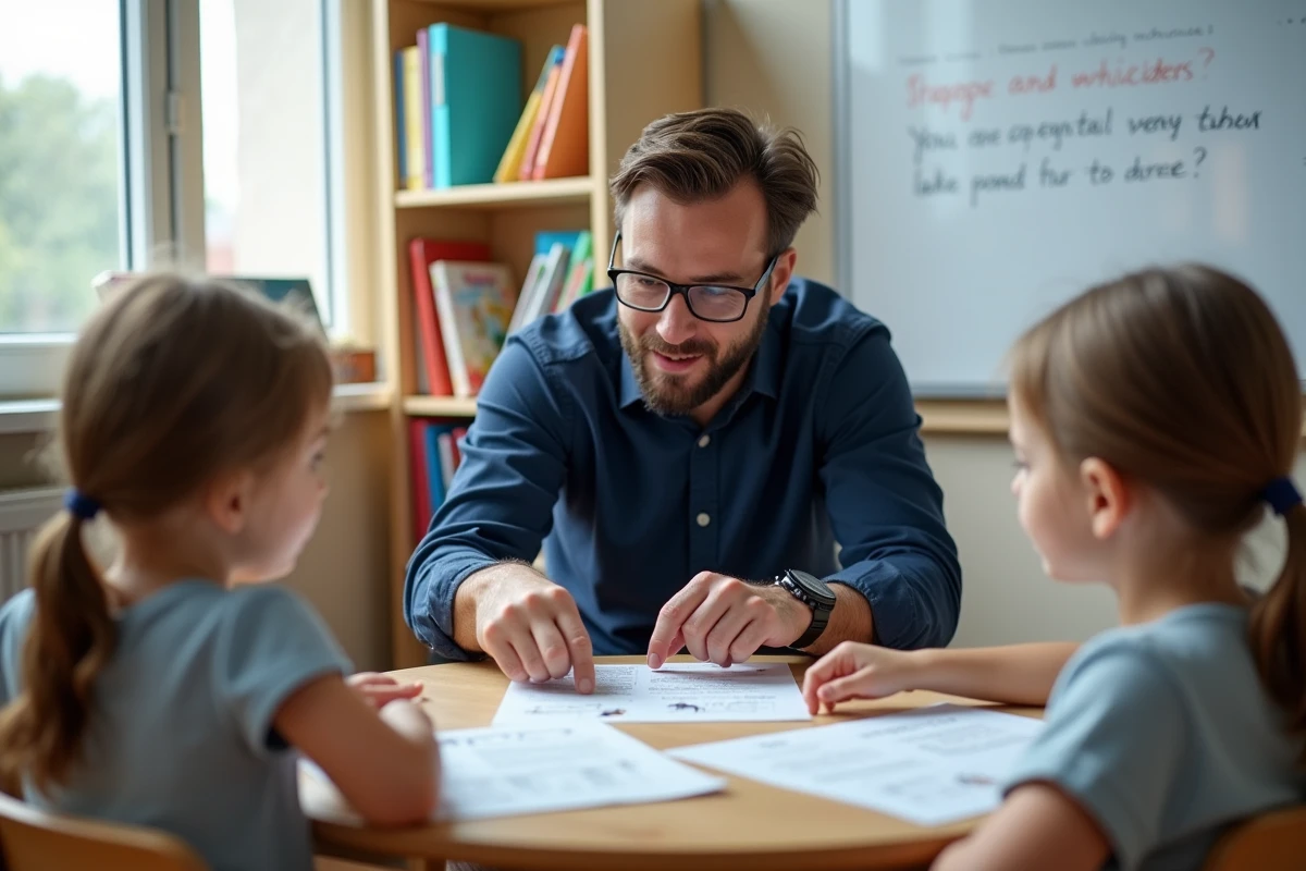 Enseignant de CE1 guidant des élèves lors d'un atelier de lecture et production d'écrit autour d'un texte illustré