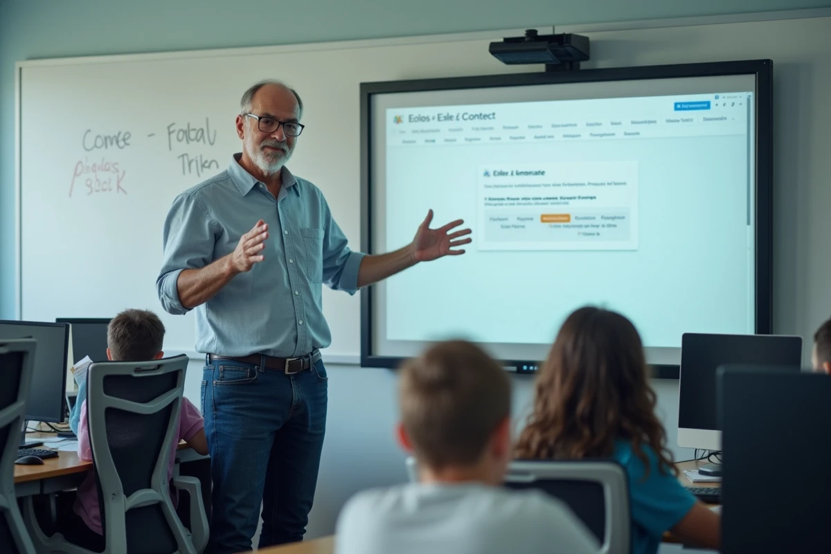 Professeur montrant le portail Ecole Direct en salle informatique