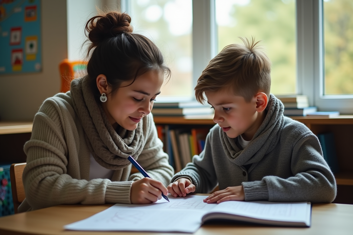 Enseignante aidant un élève à corriger une erreur en classe