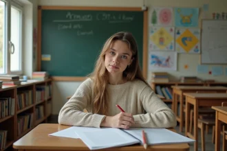 Enseignante d école primaire corrigeant des copies en classe