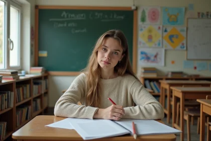 Enseignante d école primaire corrigeant des copies en classe