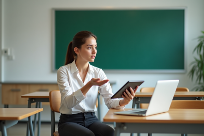 Jeune enseignante en classe moderne avec tablette et ordinateur