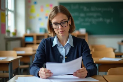 Enseignante du primaire consultant le livret scolaire unique LSU dans une salle de classe française