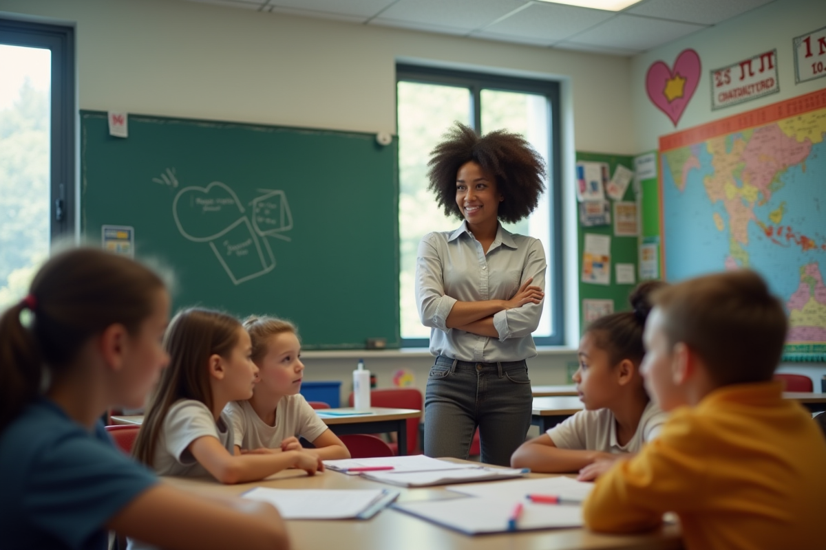 Assistante observant des enfants collaborant en classe