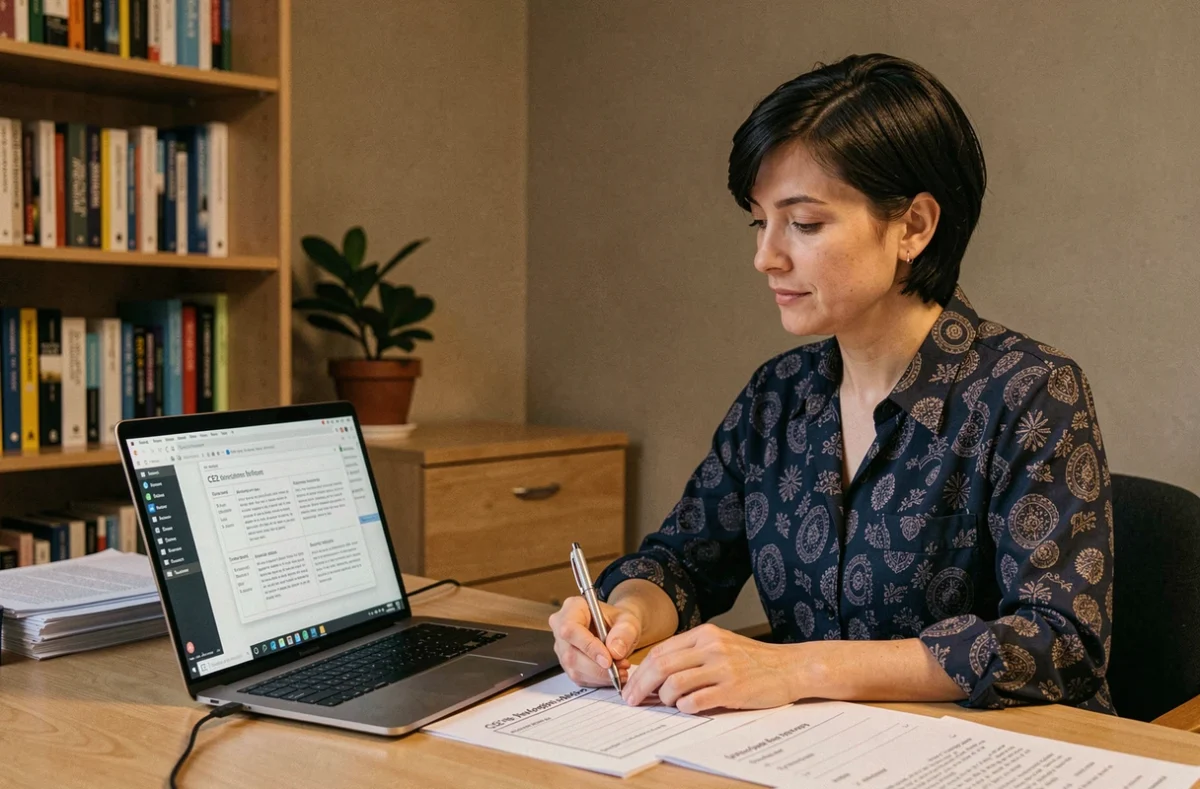 Enseignante préparant des trames de lecture CE2 pour la rentrée scolaire depuis son bureau à domicile