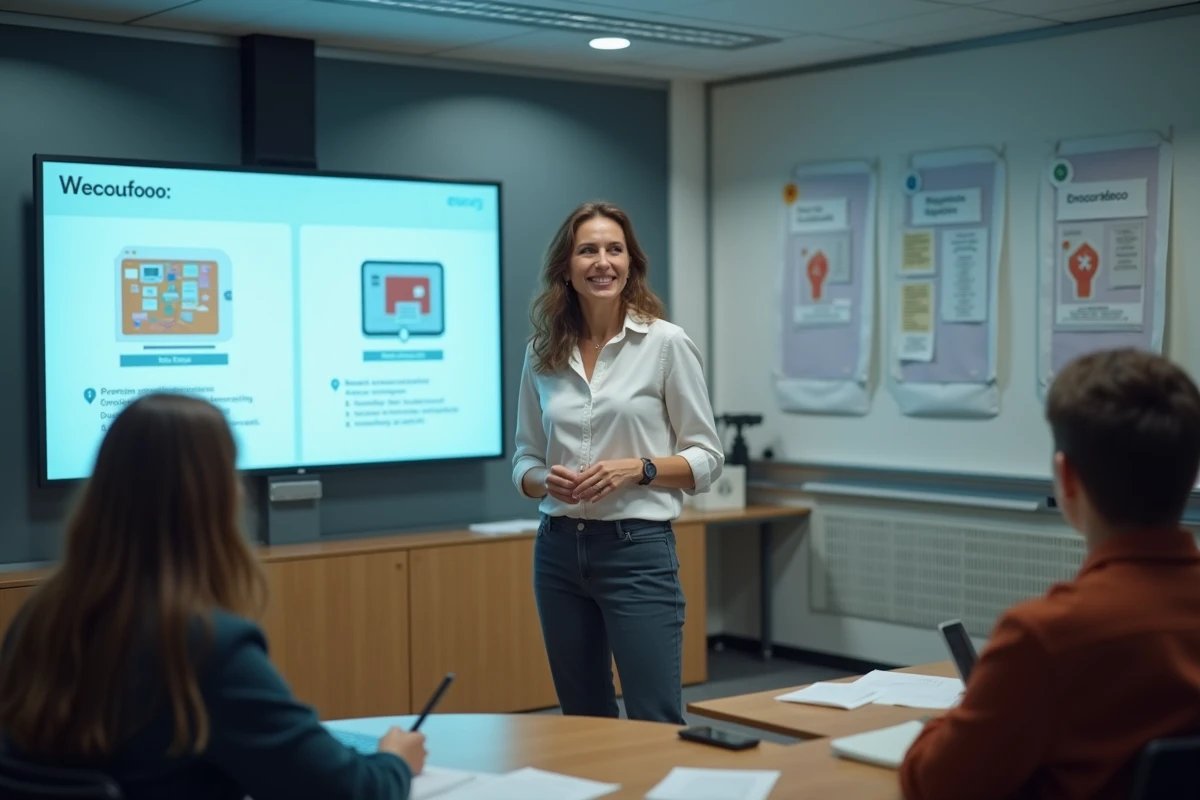 Professeure devant un tableau interactif en classe