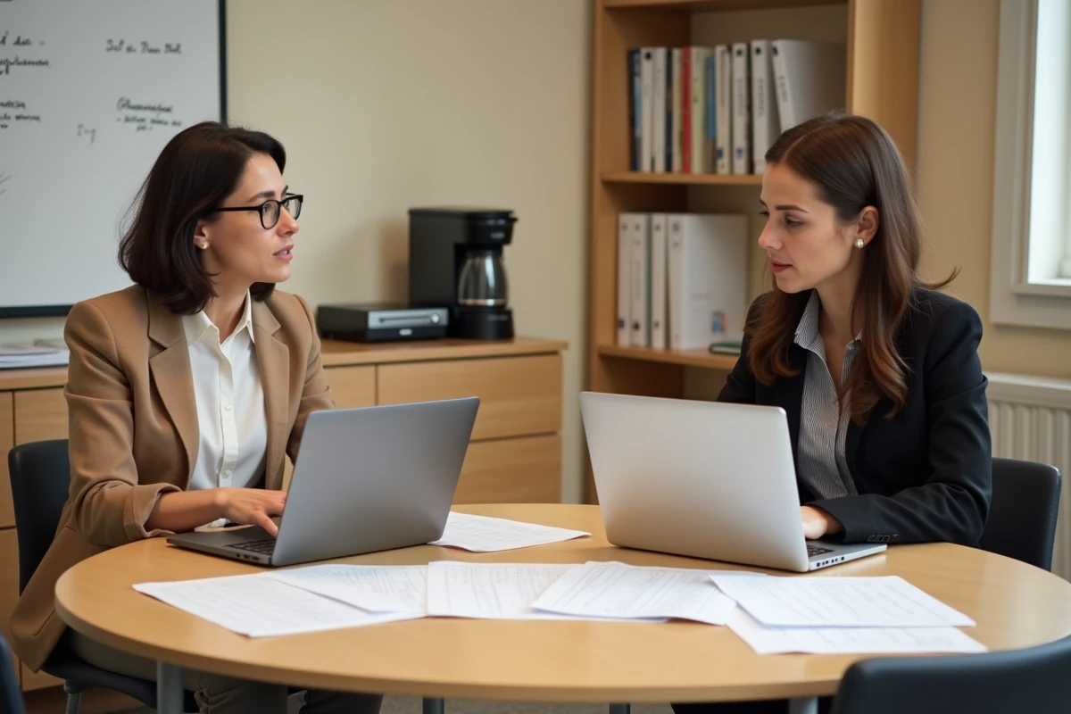 Deux enseignantes collaborant sur les nouvelles pratiques du LSU et les mises à jour des évaluations en salle des maîtres