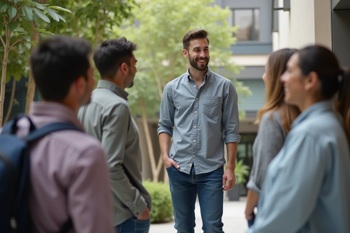 Enseignants discutant devant centre éducatif en milieu urbain