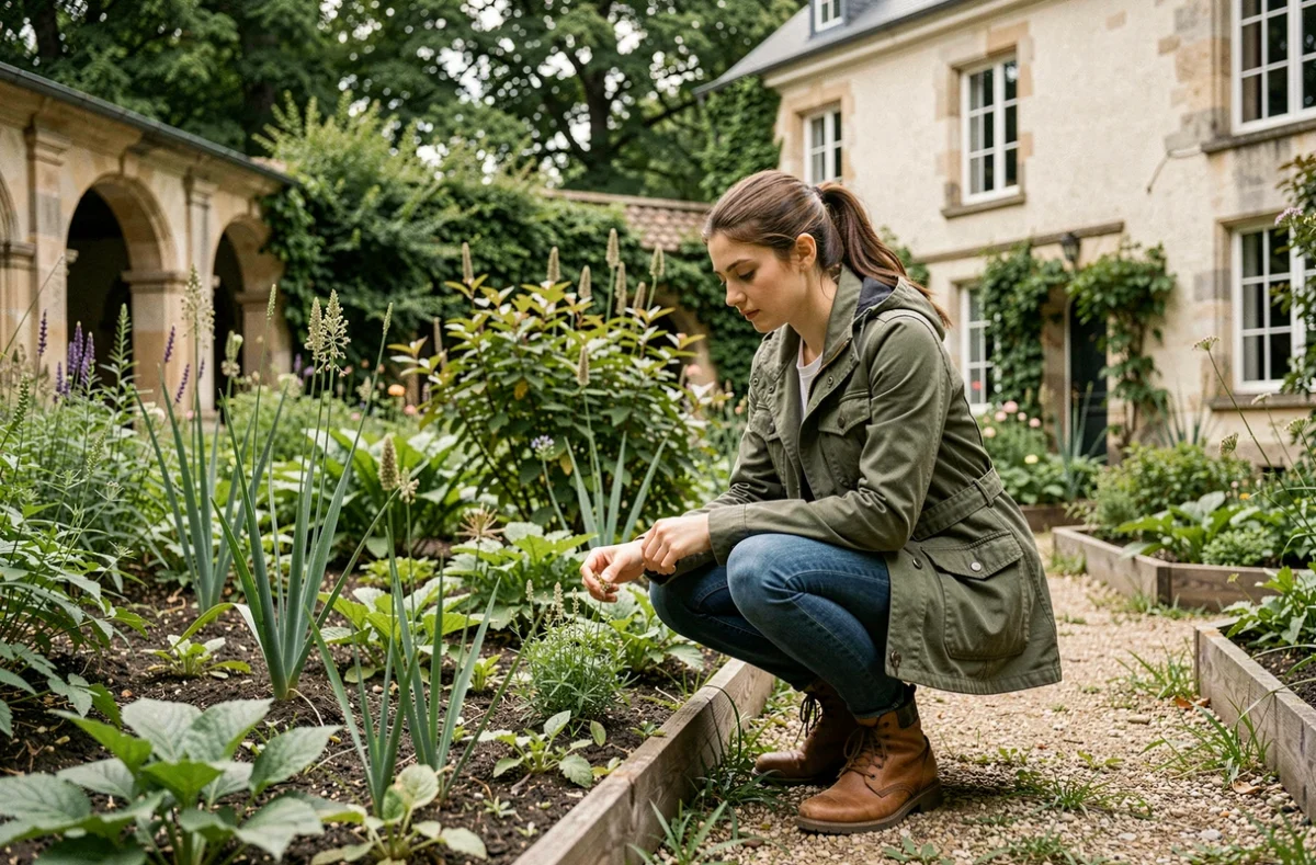 Étudiante examinant des végétaux dans le jardin pédagogique de l'École Nationale Supérieure de la Nature et du Paysage à Blois
