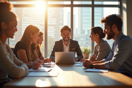 Groupe de professionnels collaborant dans un bureau lumineux
