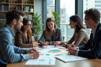 Groupe de professionnels discutant d'un plan marketing coloré