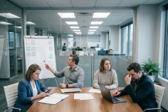 Quatre collègues réunis en salle de réunion mais chacun regardant dans une direction différente, illustrant un manque de coopération malgré la proximité physique