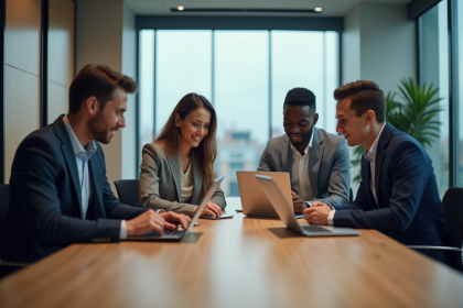 Groupe de professionnels en réunion de travail numérique
