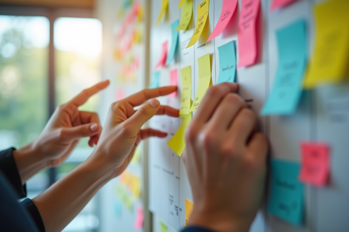 Mains travaillant sur un tableau Kanban coloré en équipe