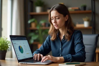 Femme analysant les erreurs de sa campagne emailing sur un ordinateur portable dans un bureau à domicile