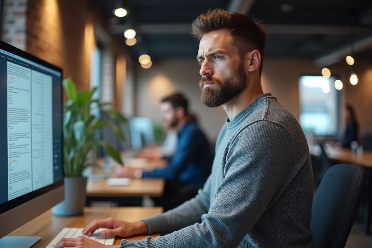 Homme en co-working identifiant des erreurs de formatage dans un outil emailing marketing