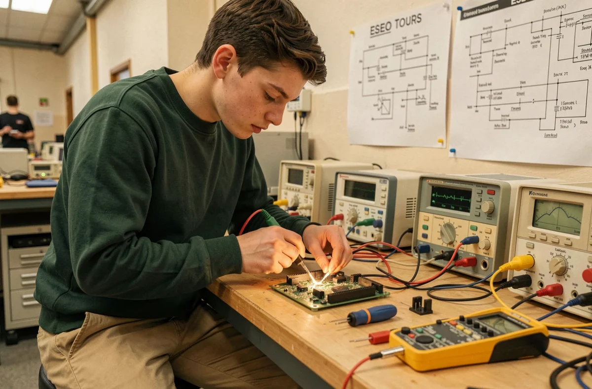 Étudiant soudant un composant électronique sur un circuit imprimé dans un atelier de l'ESEO à Tours