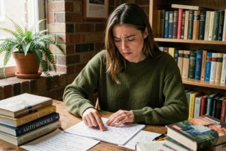 Jeune femme étudiant la conjugaison espagnole avec des notes manuscrites sur le passé simple du verbe ir et ser