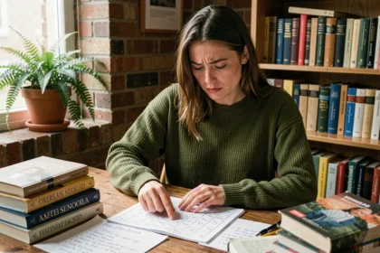Jeune femme étudiant la conjugaison espagnole avec des notes manuscrites sur le passé simple du verbe ir et ser