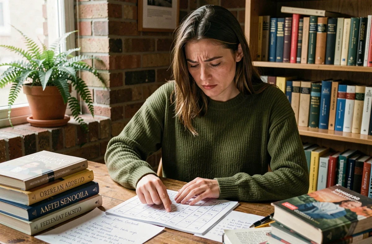 Jeune femme étudiant la conjugaison espagnole avec des notes manuscrites sur le passé simple du verbe ir et ser