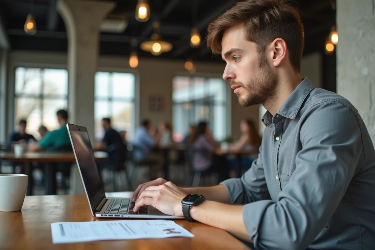 Étudiant en alternance marketing tapant sa lettre de motivation sur un laptop dans un café urbain de Bordeaux