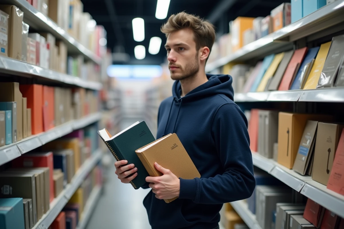 Étudiant en classe préparatoire comparant deux cahiers dans une papeterie pour choisir le meilleur format