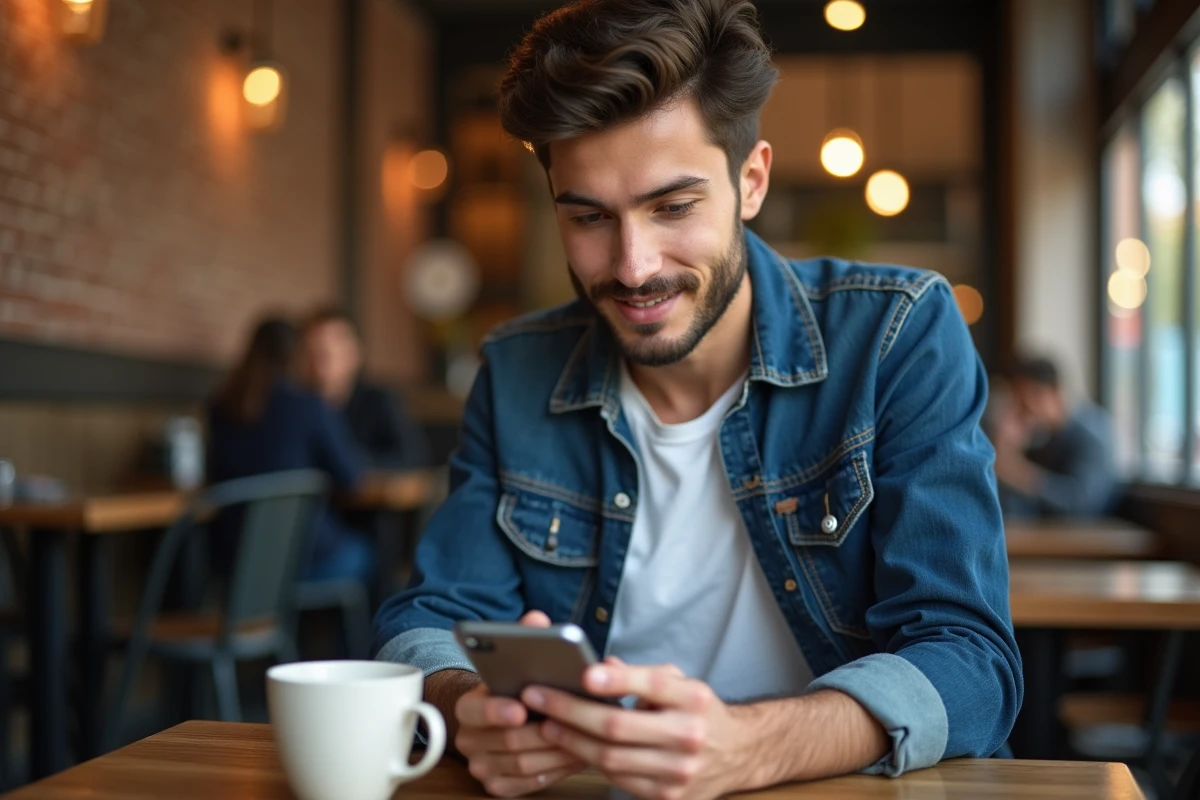 Étudiant accédant à ses cours en ligne via l'ENT ULHN depuis un café avec son mobile