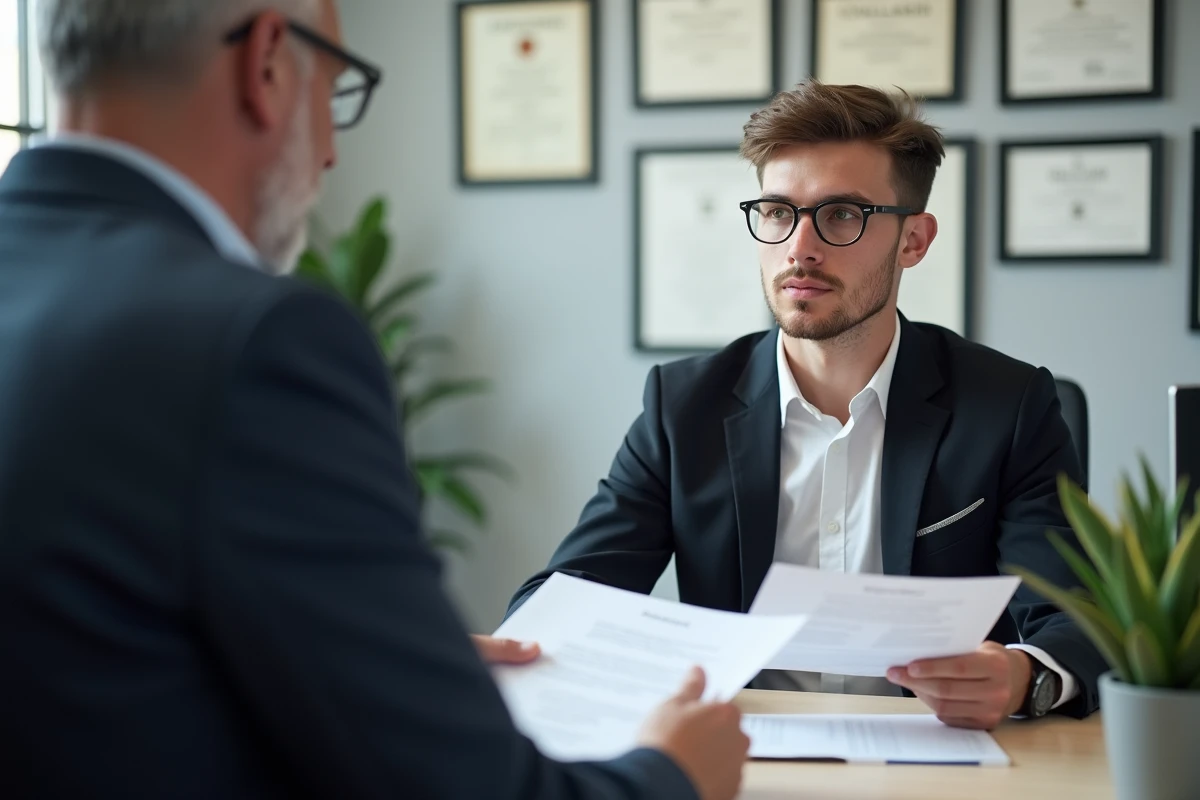 Étudiant en formation hôtelière discutant des options de financement avec un conseiller financier sur le campus IFH